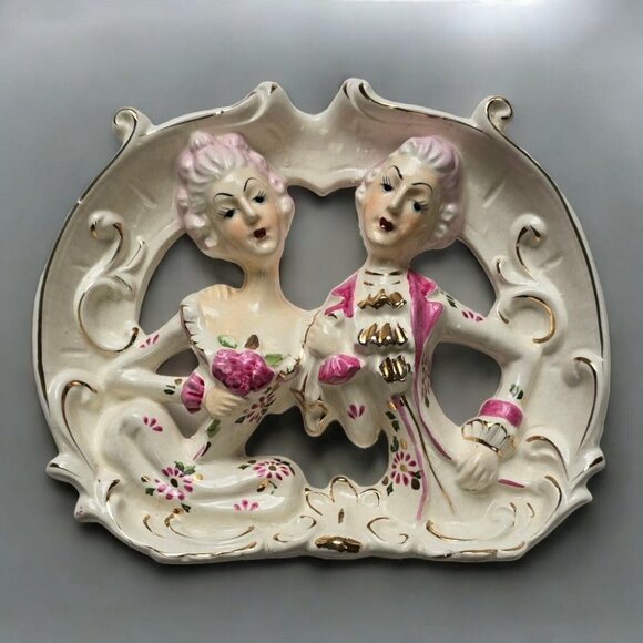 Victorian Porcelain 3D Courting Couple Figurine White Pink & Gold Gilded Plaque - Picture 1 of 9